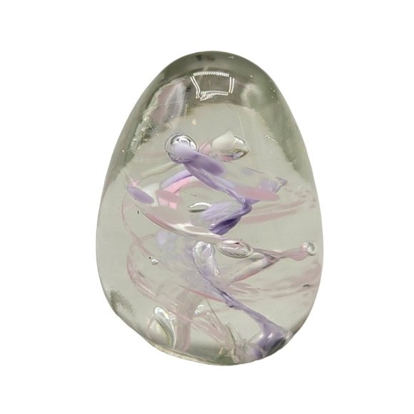 Glass Paperweight Clear Purple Lavender Pink Egg Shaped Artist Signed - Picture 3 of 6